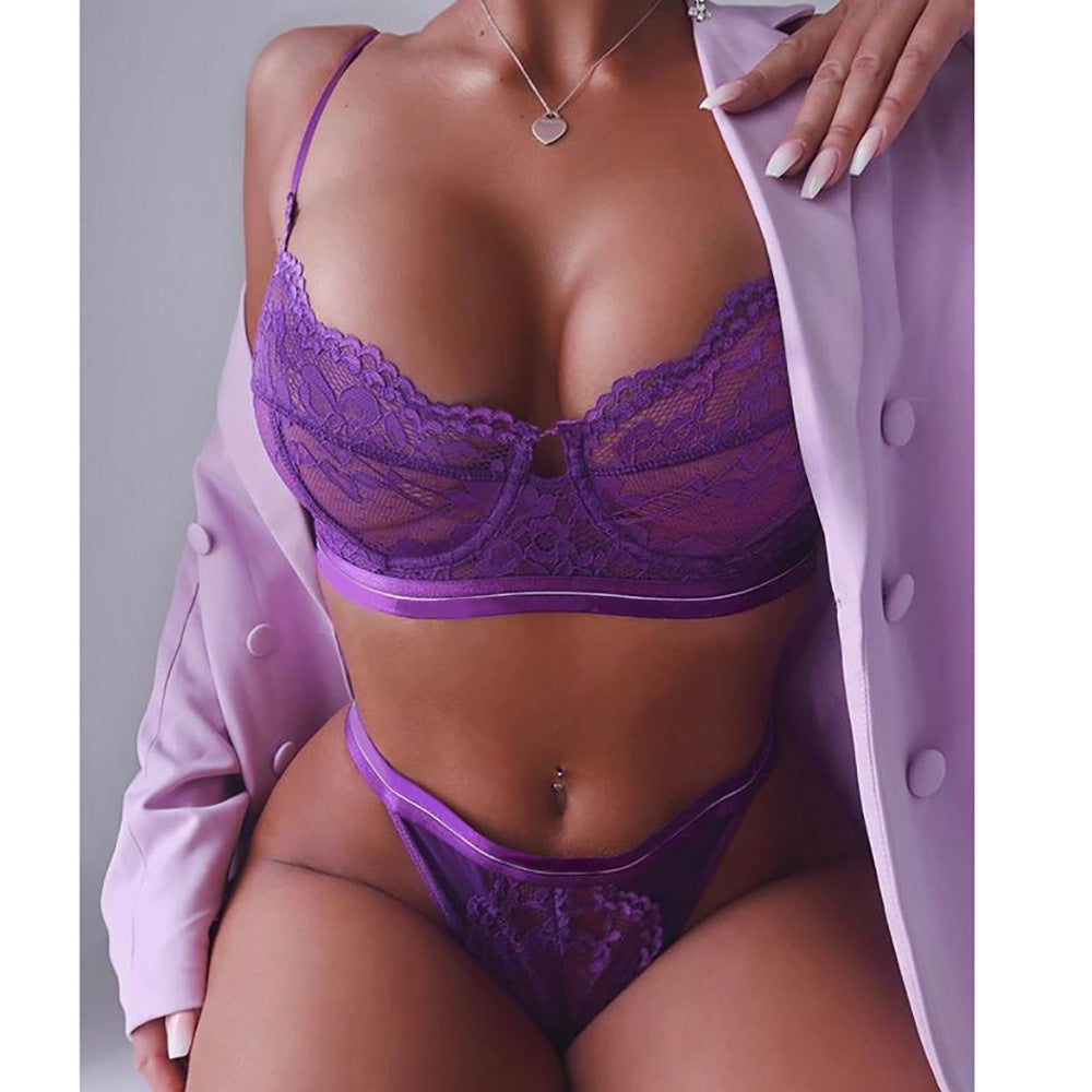 Conjunto Sexy de Encaje Floral – Lencería con Push-Up, Tirantes Fijos y Panty Hipster