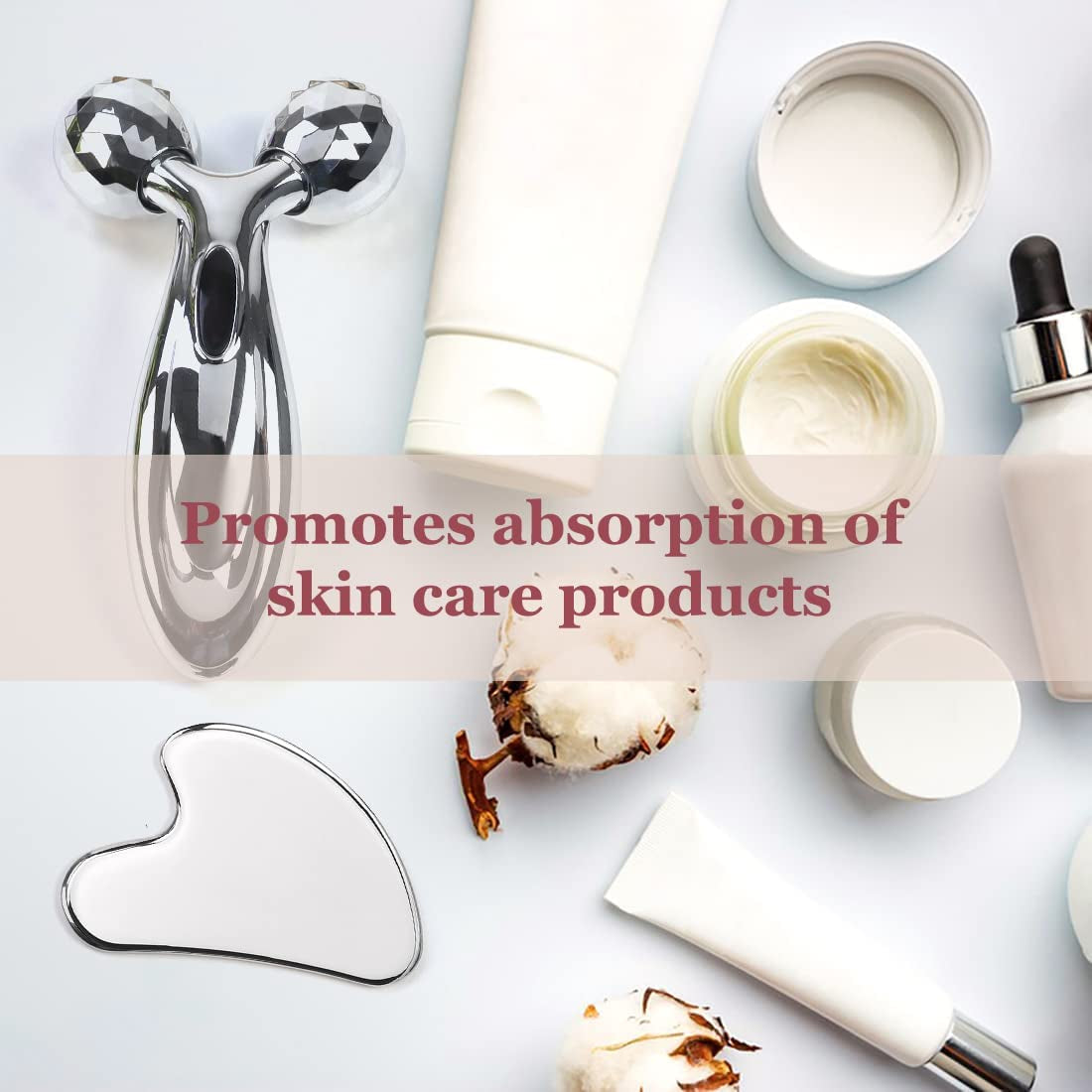 Set Gua Sha & Rodillo Facial de Acero Inoxidable – Masajeador Reafirmante Antiinflamatorio