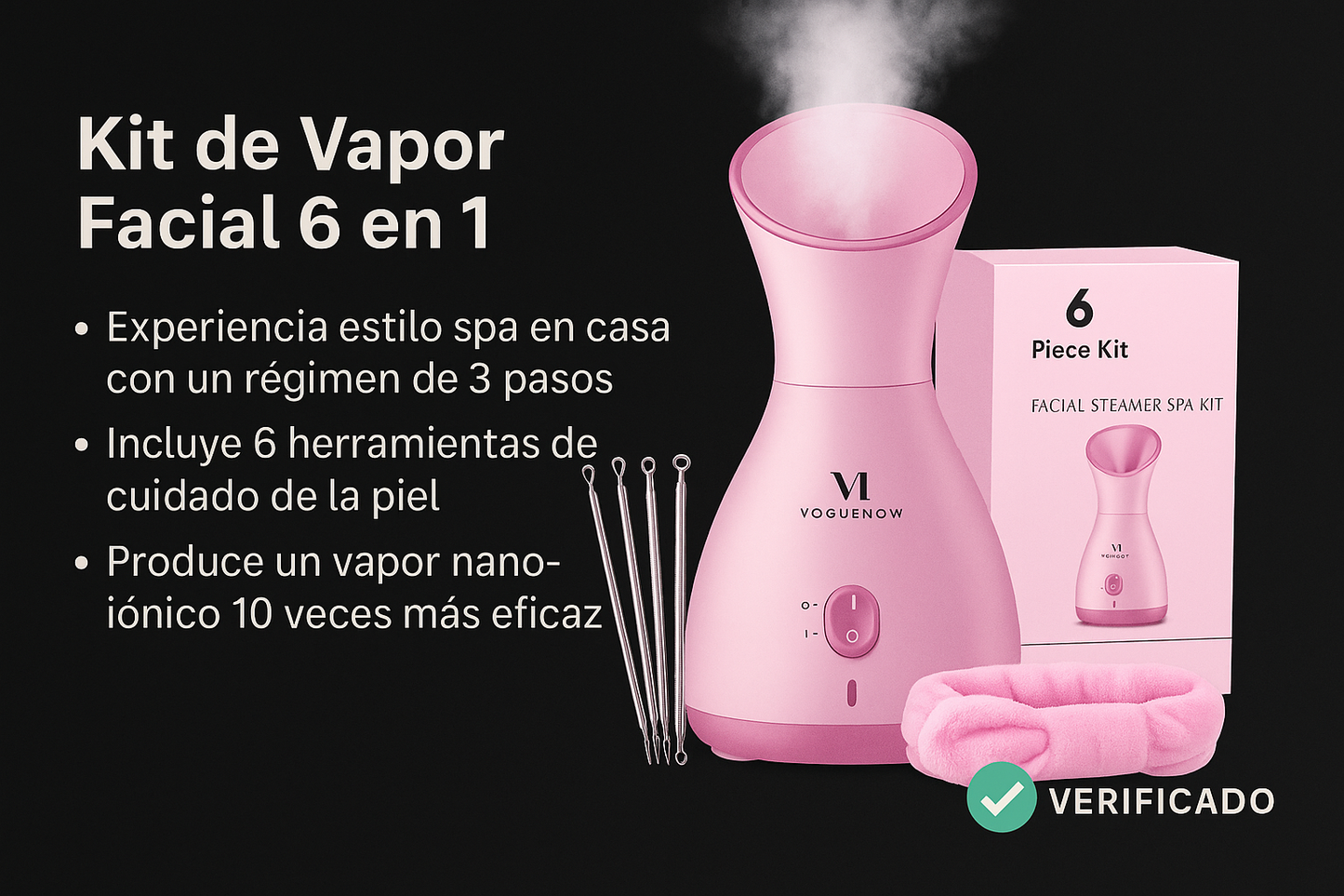 Kit de Vapor Facial 6 en 1 con Herramientas de Limpieza + Diadema Vaporizador Nano-Iónico para Spa en Casa