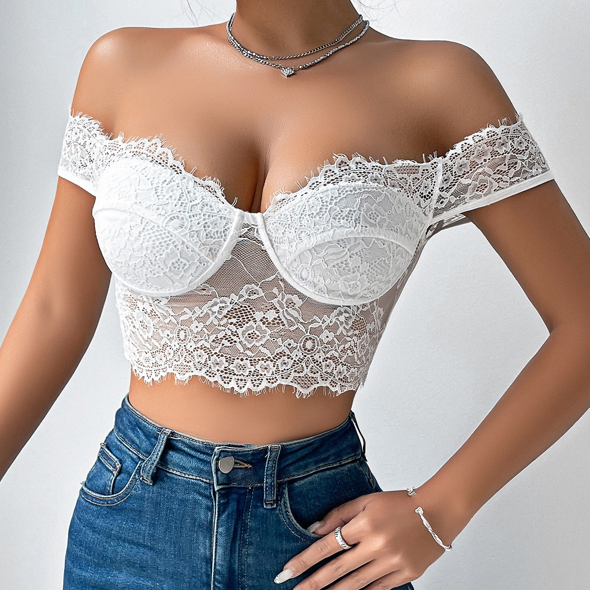 Top Sexy de Encaje Transparente Off Shoulder