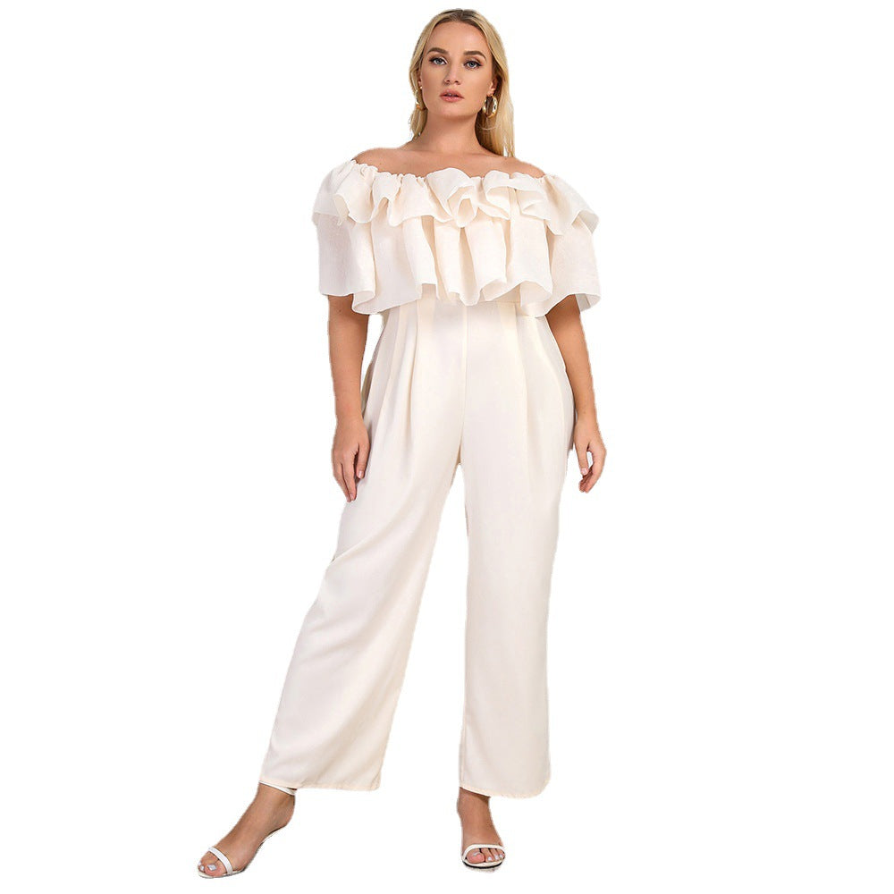 Plus Size Women Clothing Summer New Lotus Edge off-Shoulder Solid Straight-Leg Office Casual Pants Jumpsuit