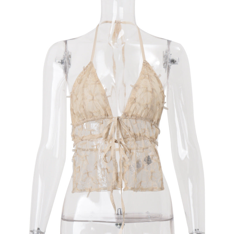 Top Halterneck Sexy con Encaje y Lazada