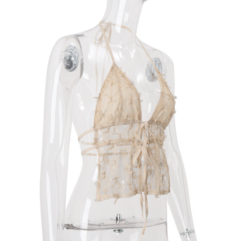 Top Halterneck Sexy con Encaje y Lazada