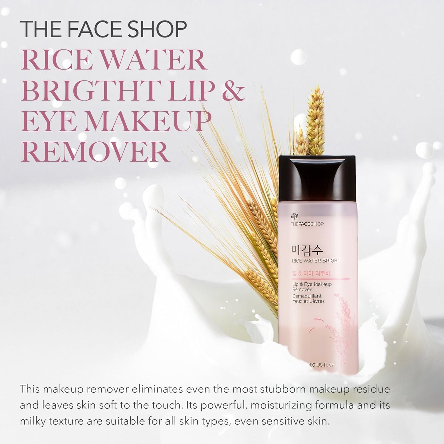 Desmaquillante líquido sin aceites para ojos y labios – The Face Shop | Con agua de arroz | 120 ml | Remueve máscara waterproof y delineador