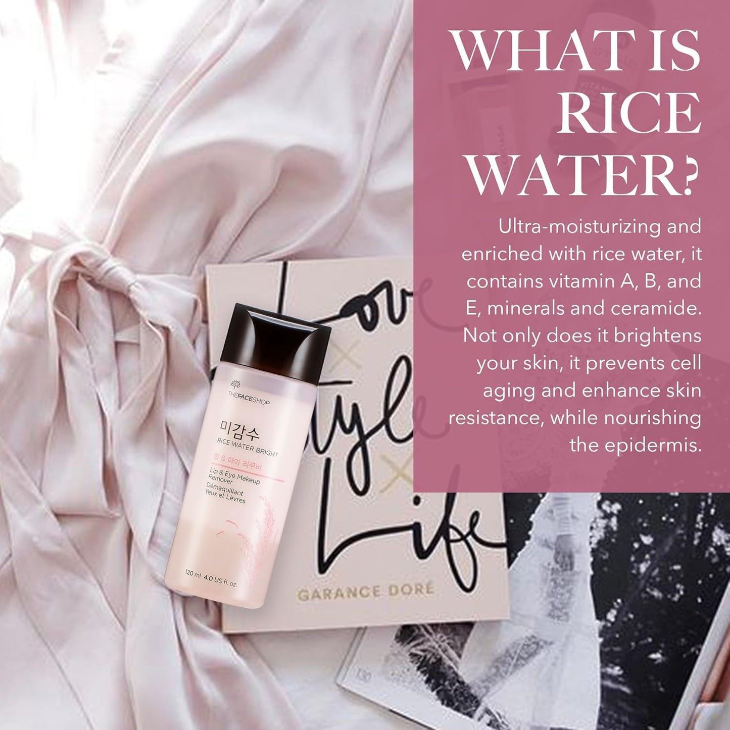 Desmaquillante líquido sin aceites para ojos y labios – The Face Shop | Con agua de arroz | 120 ml | Remueve máscara waterproof y delineador