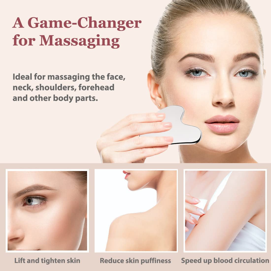 Set Gua Sha & Rodillo Facial de Acero Inoxidable – Masajeador Reafirmante Antiinflamatorio
