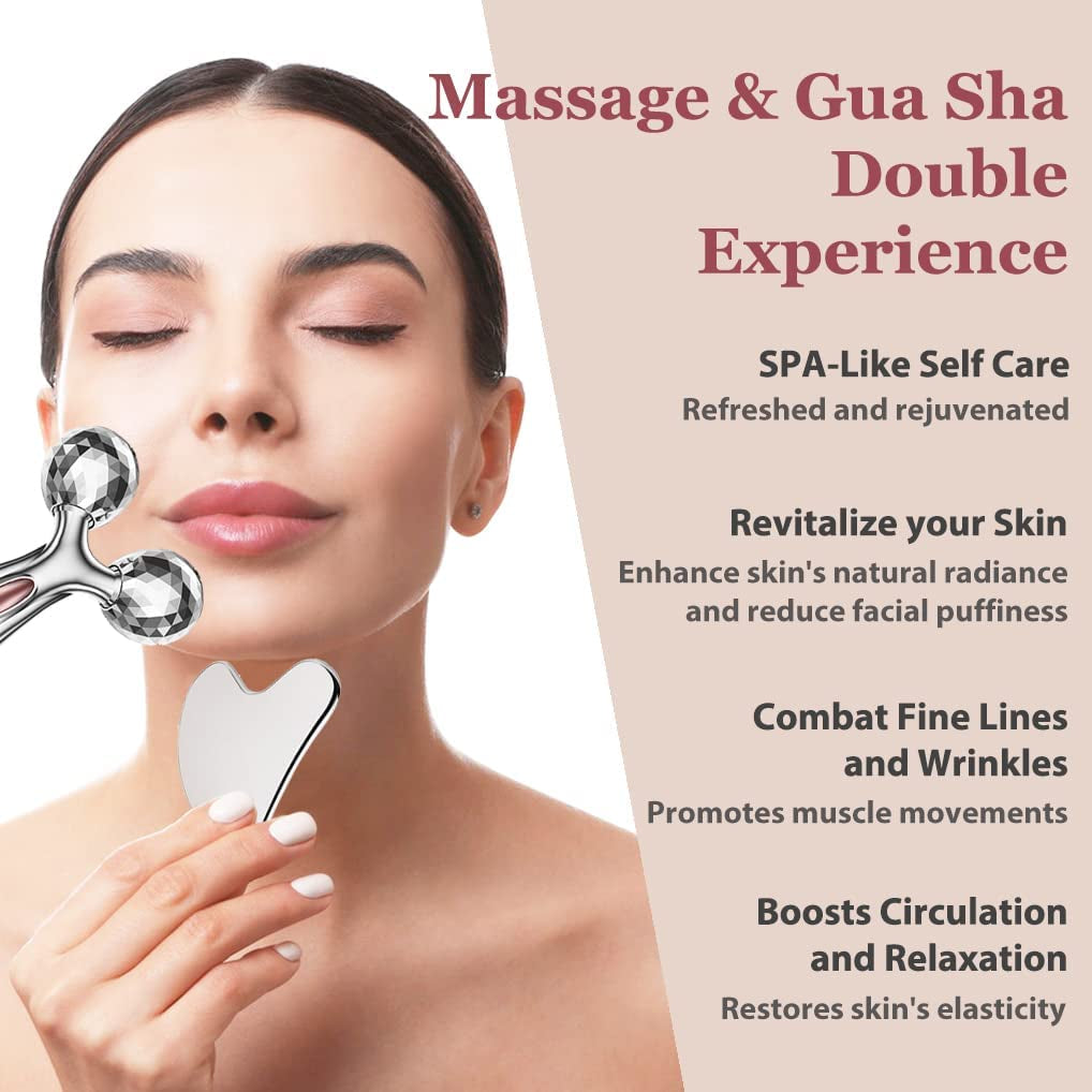 Set Gua Sha & Rodillo Facial de Acero Inoxidable – Masajeador Reafirmante Antiinflamatorio
