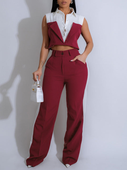 Set Casual Patchwork Color Block con Top Corto y Pantalón Alto Office