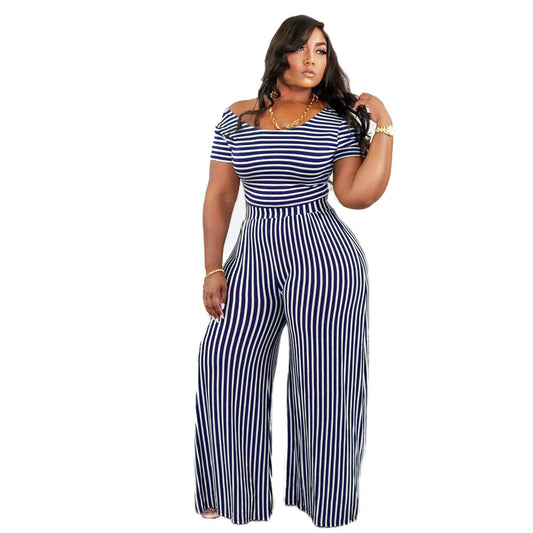 Set Casual Sexy de Dos Piezas Plus Size – Estampado a Rayas con Top y Pantalón