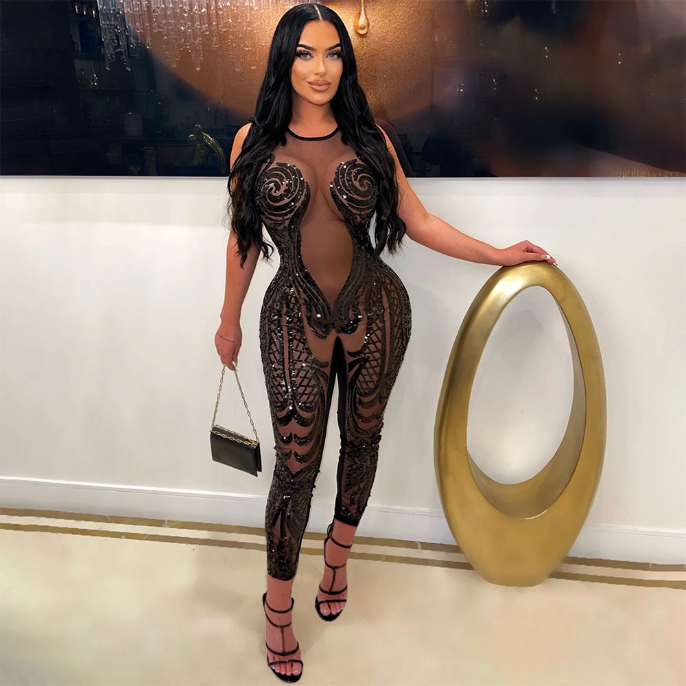 Jumpsuit Sexy Transparente con Lentejuelas Slim Fit