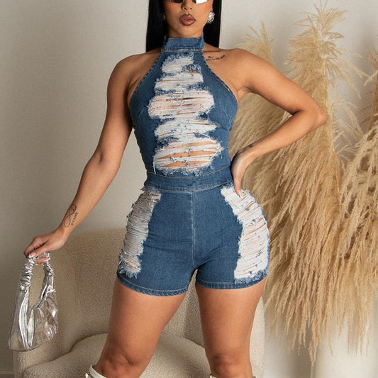 Jumpsuit Sexy de Mezclilla con Escote Halter y Flecos