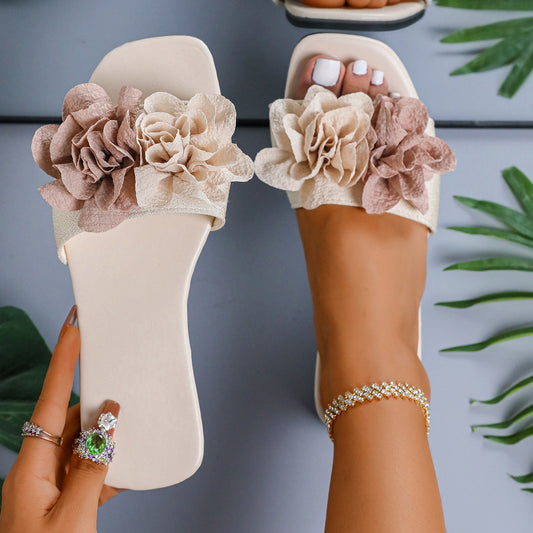 Sandalias Planas de Flores para Mujer – Punta Cuadrada, Ligeras y Comodas, Tallas Plus